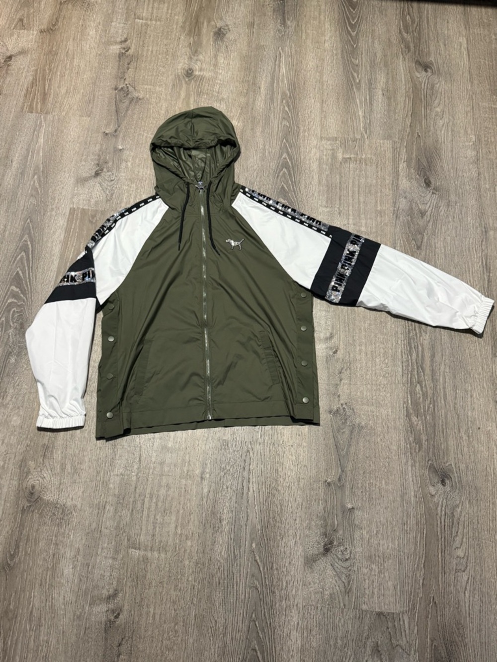 PINK Victoria's Secret Olive Green Hooded Bomber with White Sleeves